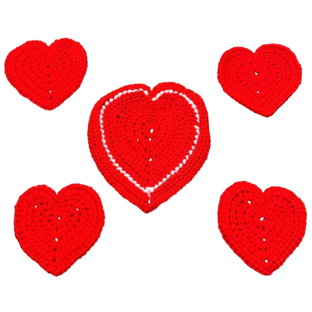 Handmade Heart Crochet Coasters Table Centerpiece Red White 5 Piece Yarn Set